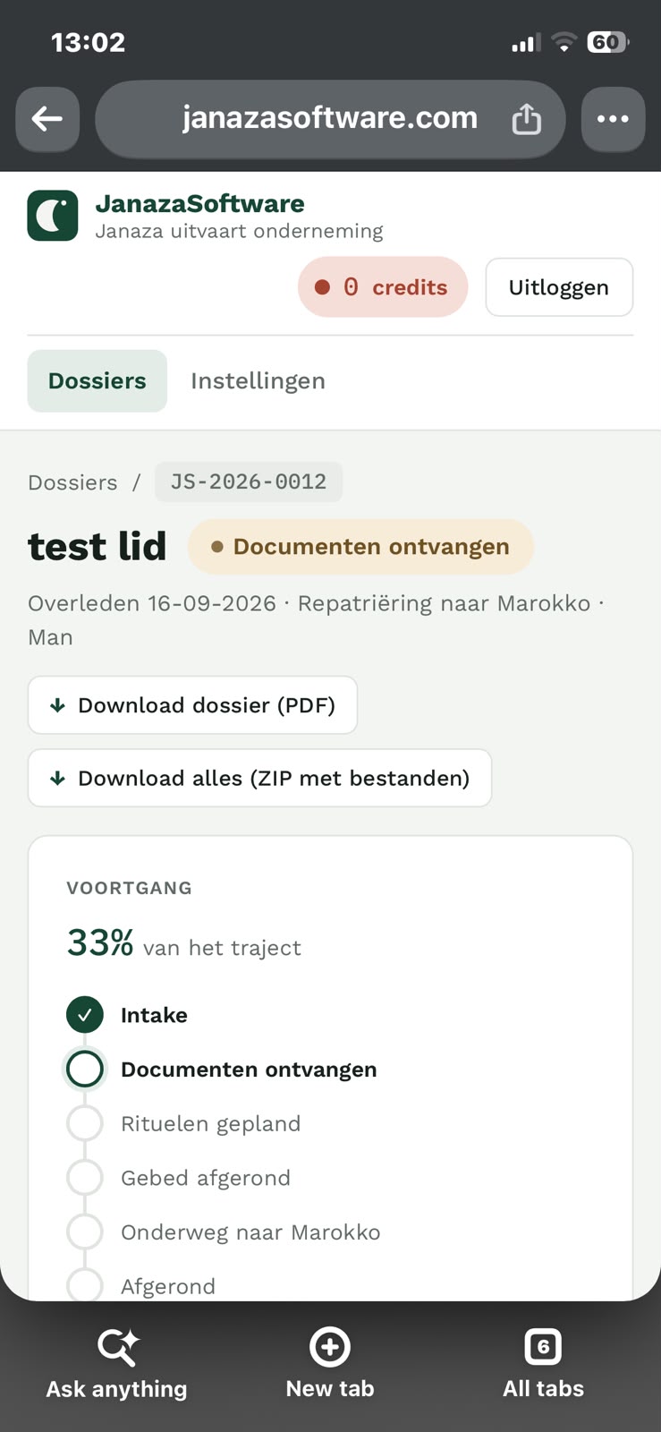 Dossier downloaden als PDF of als ZIP met alle bestanden, voor de eigen administratie van de uitvaartondernemer