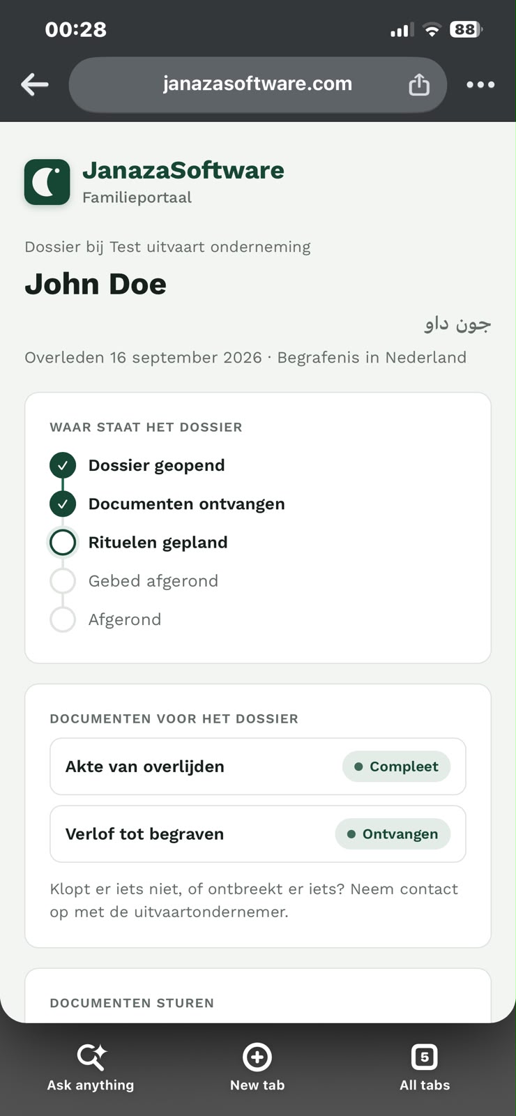 Familieportaal: naam van de overledene in het Nederlands en Arabisch, de voortgang van het dossier en de documentenchecklist