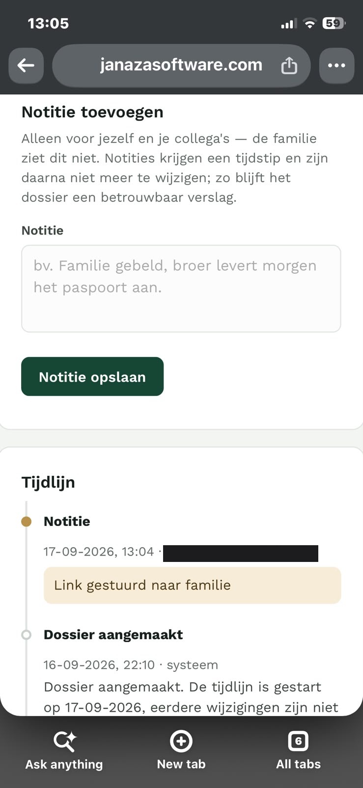 Tijdlijn van het dossier: elke actie en elke eigen notitie met tijdstip, zoals wanneer de familie is geïnformeerd