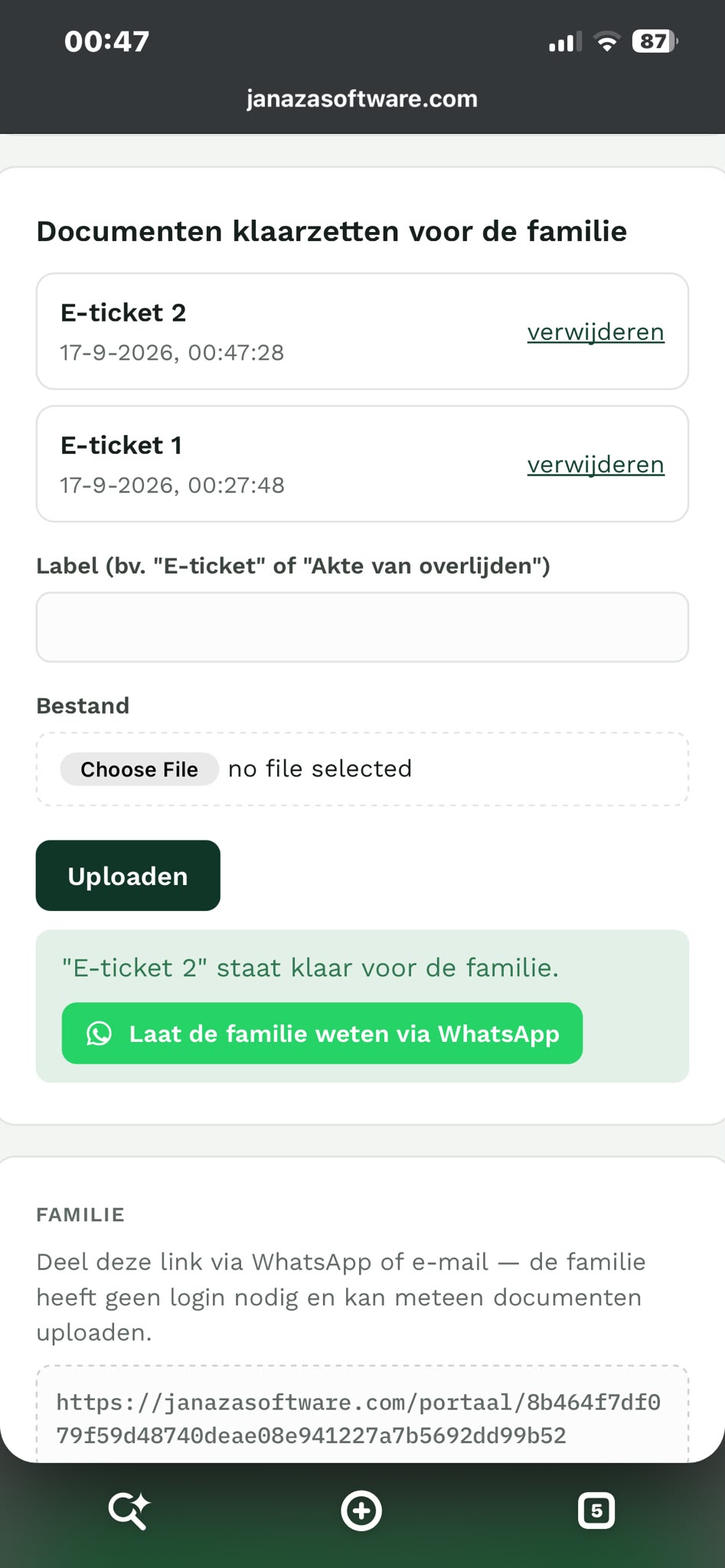 Na het klaarzetten van een document: knop om de familie via WhatsApp te laten weten dat er een nieuw document klaarstaat